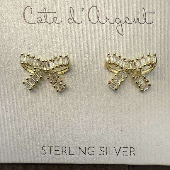 Cote d’ Argent Sterling Silver Crystals Bow Shape Stud Earrings In Gold Tone NEW - Picture 2 of 3